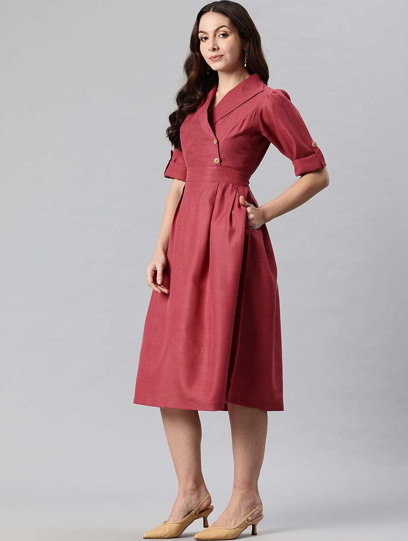 women solid laple neck a-line dress - 21730240 - Standard Image - 1