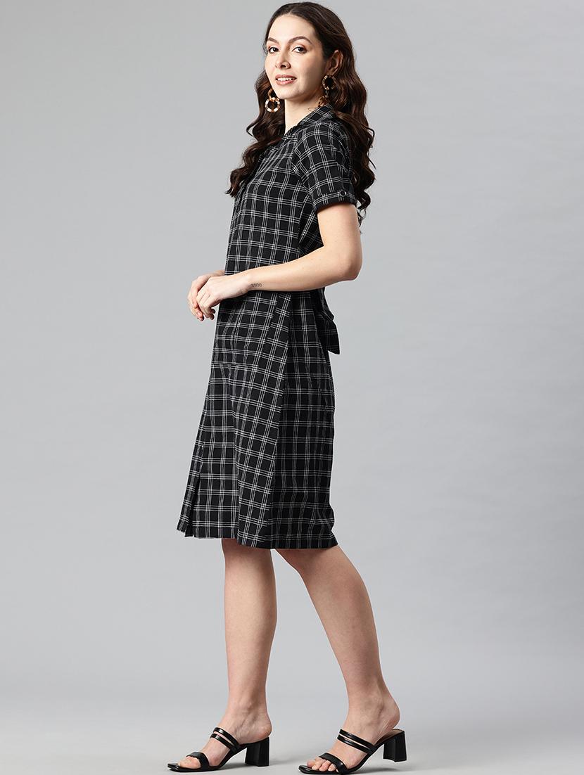 women checkered collared puff sleeves shirt dress - 21730243 - Standard Image - 1