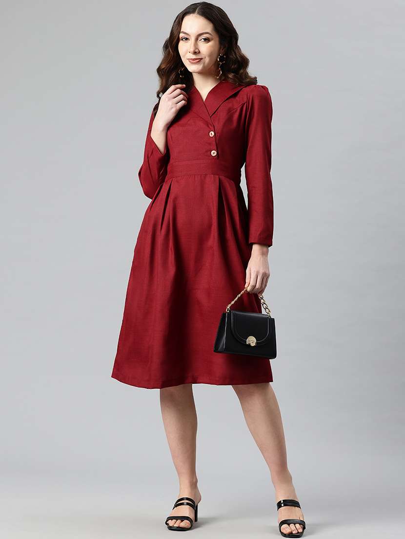 women solid puff sleeves lapel neck a-line dress