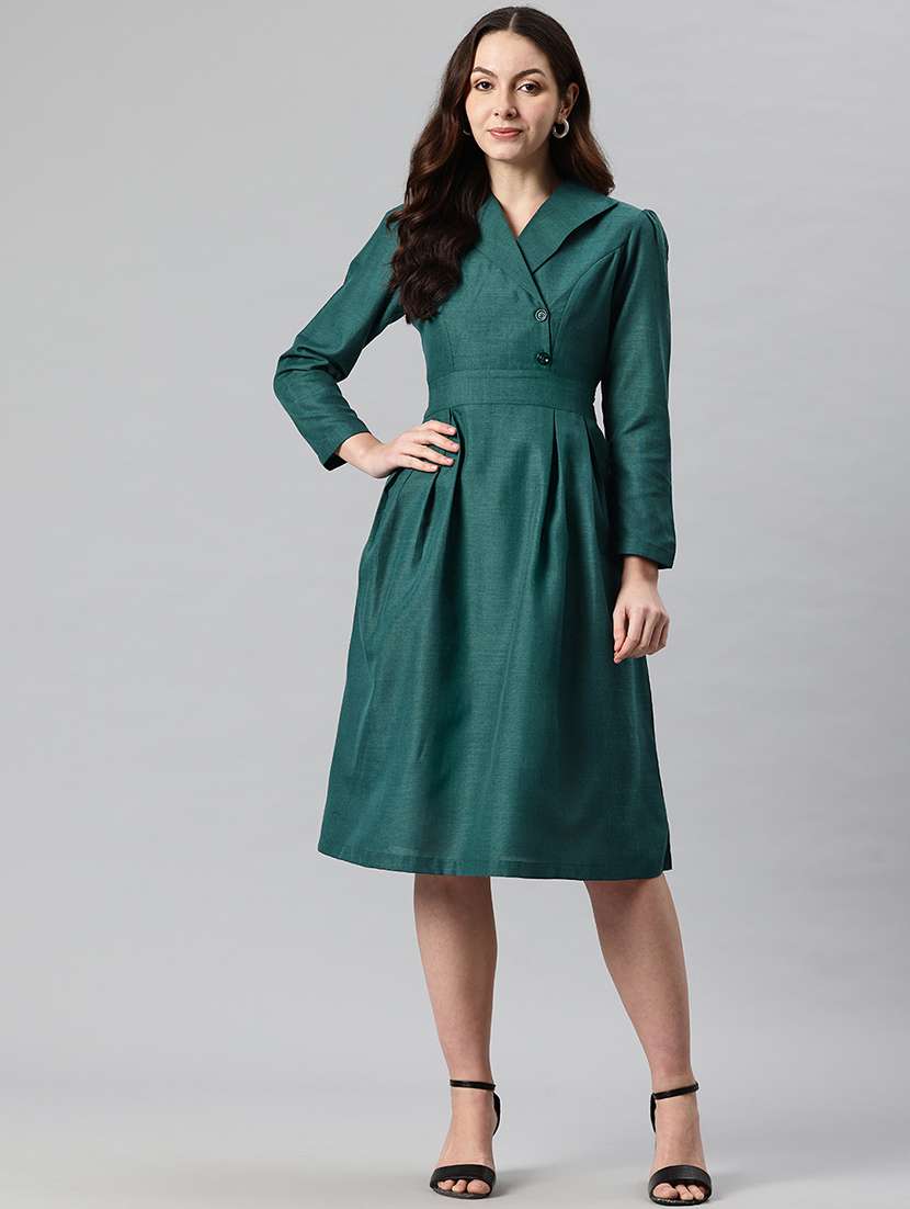 women solid puff sleeves lapel collar a-line dress - 21730246 - Zoom Image - 0