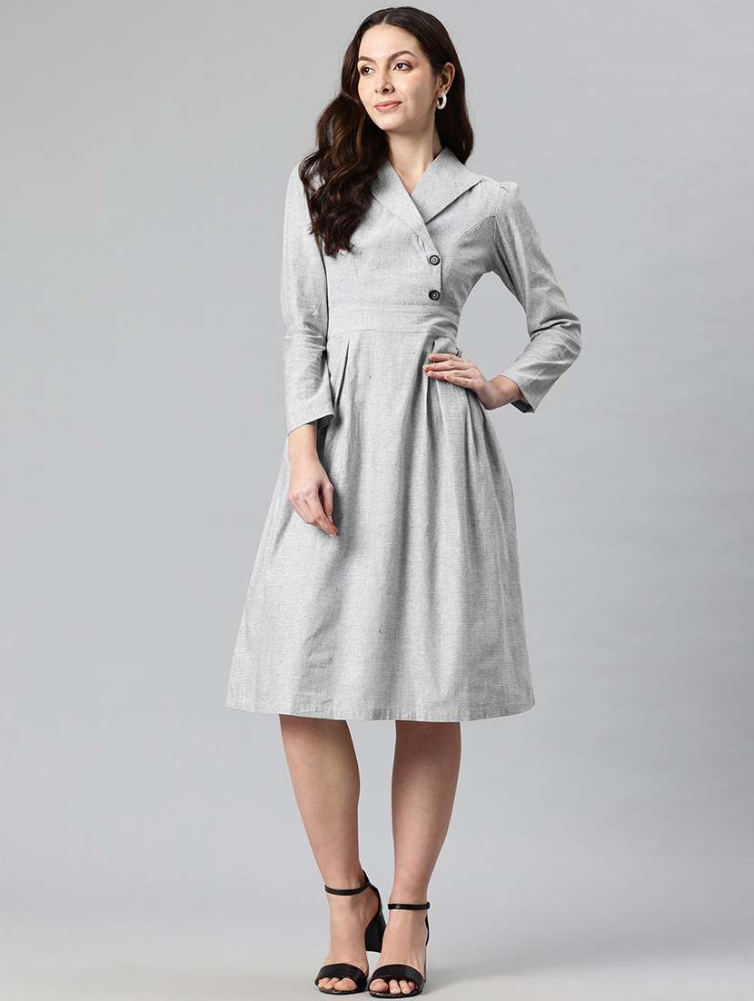 women solid puff sleeves a-line dress - 21730247 -  Zoom Image - 0