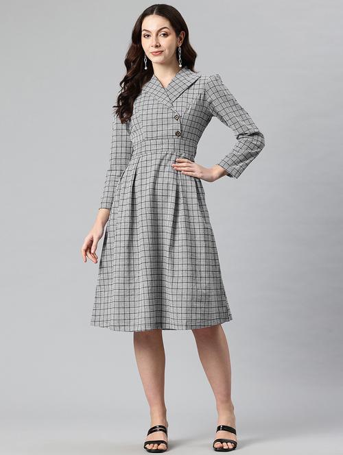 women checkered lapel neck puff sleeves a-line dress - 21730248 - Standard Image - 0