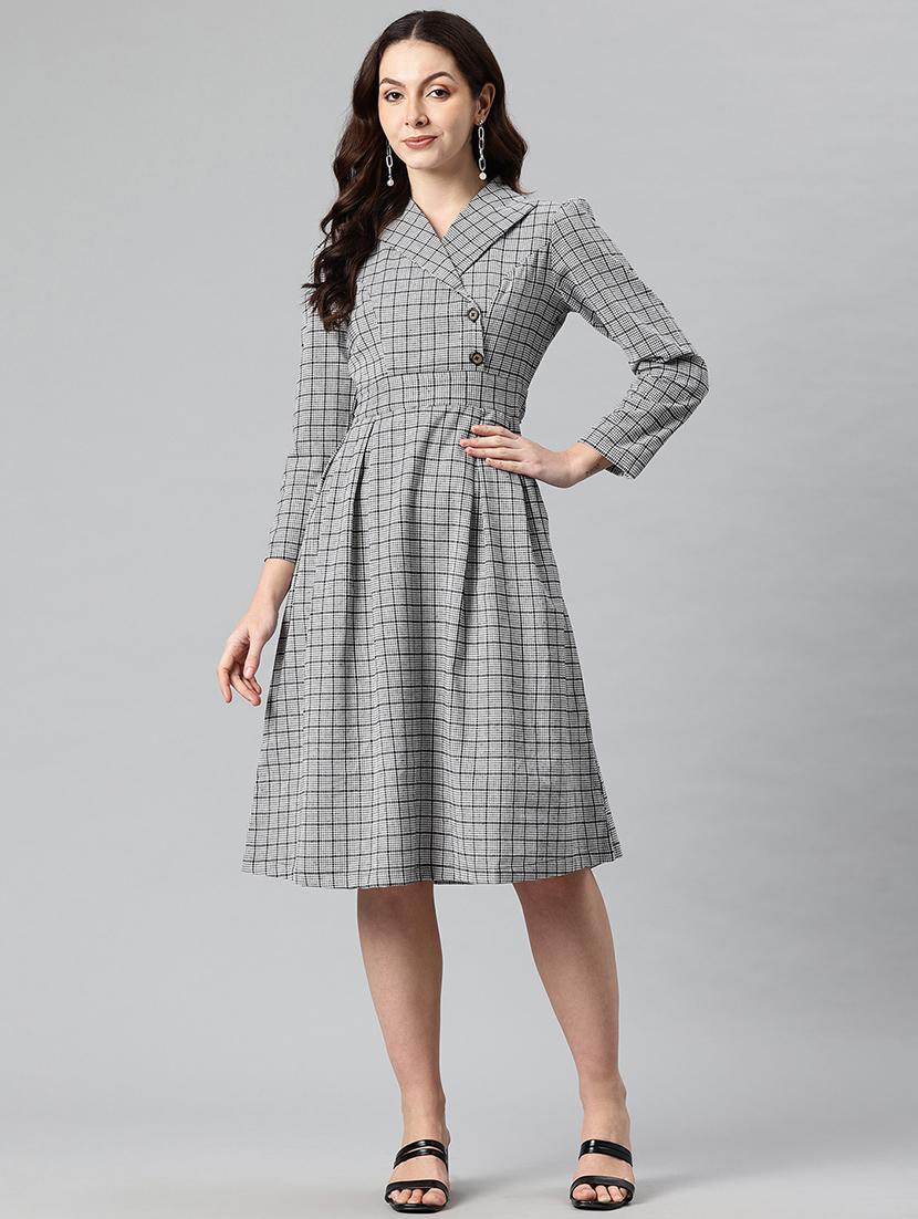 women checkered lapel neck puff sleeves a-line dress - 21730248 - Zoom Image - 0