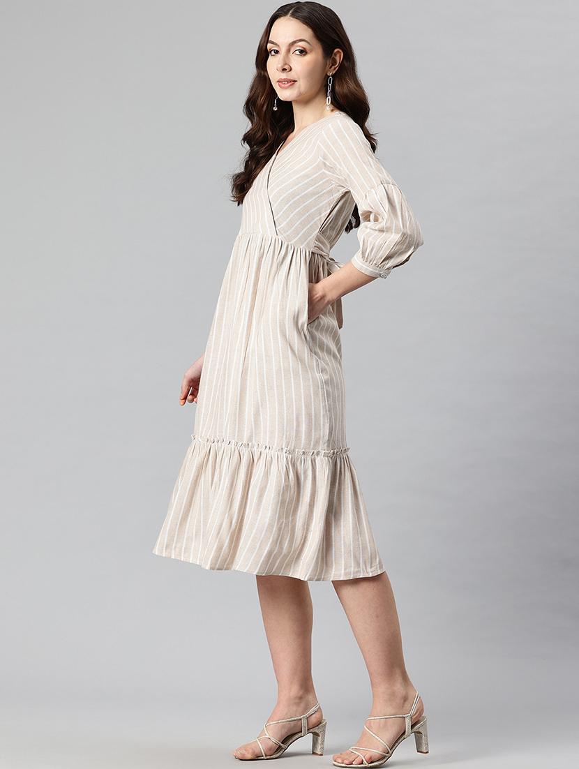 women striped puff sleeves tiered dress - 21730253 - Standard Image - 1