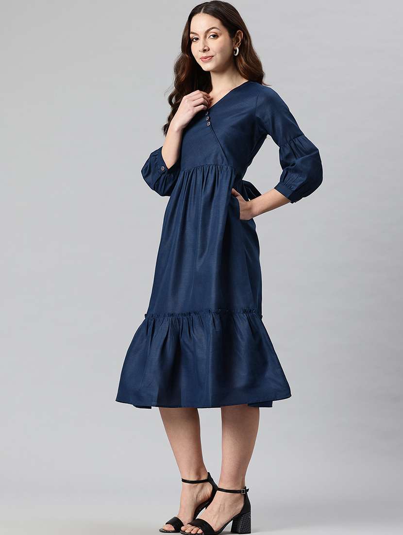 women solid puff sleeves tiered dress - 21730255 -  Standard Image - 1