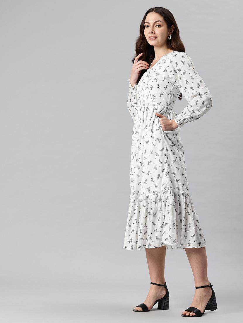 women printed puff sleeves tiered dress - 21730256 - Standard Image - 1