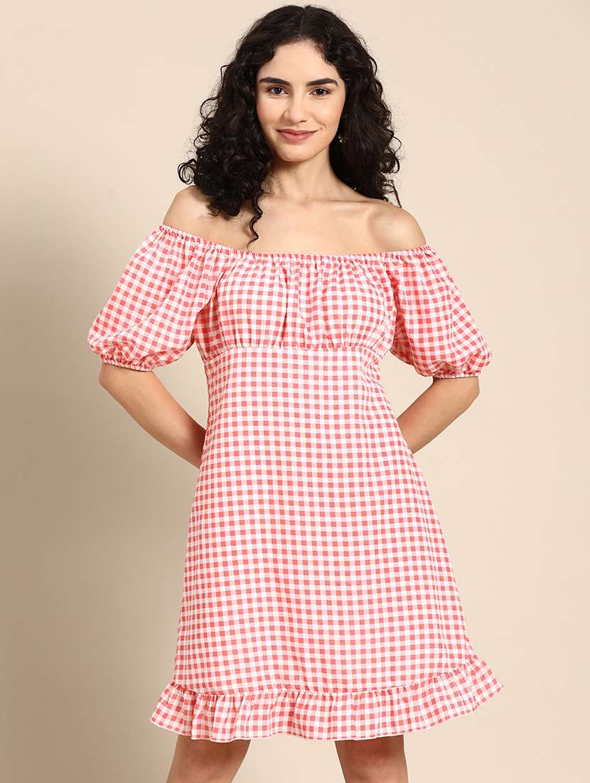 women off shoulder checkered tiered dress - 21730270 -  Standard Image - 1