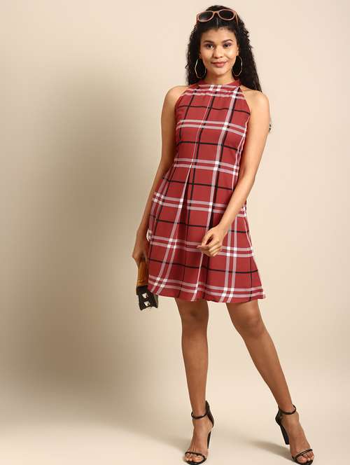 women halter neck checkered a-line dress - 21730301 -  Standard Image - 0