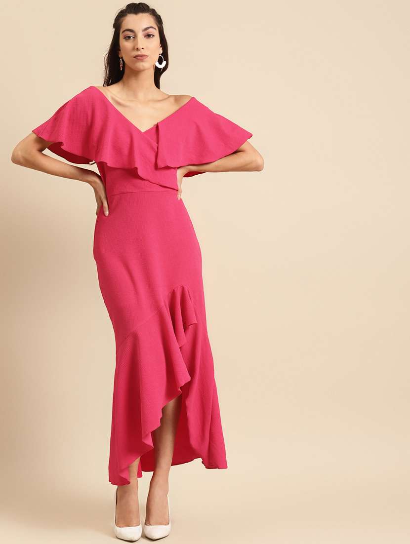 women v-neck solid asymmetric dress