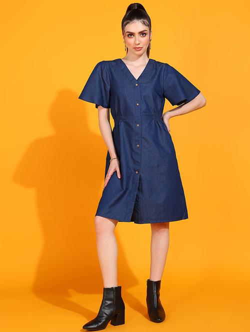women v-neck solid a-line dress - 21730333 - Standard Image - 0