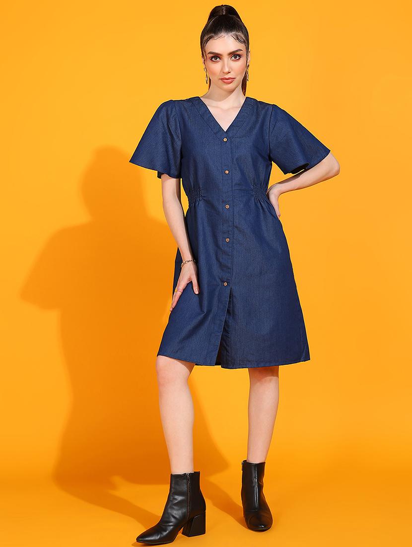 women v-neck solid a-line dress - 21730333 - Zoom Image - 0