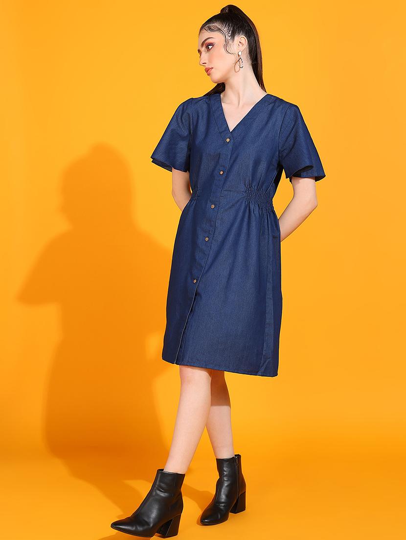 women v-neck solid a-line dress - 21730333 - Standard Image - 1