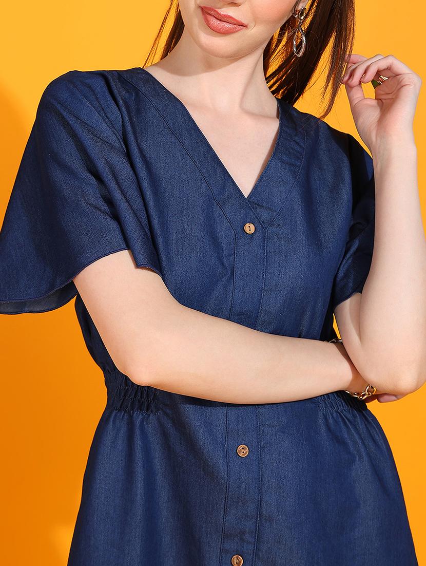 women v-neck solid a-line dress - 21730333 - Standard Image - 4