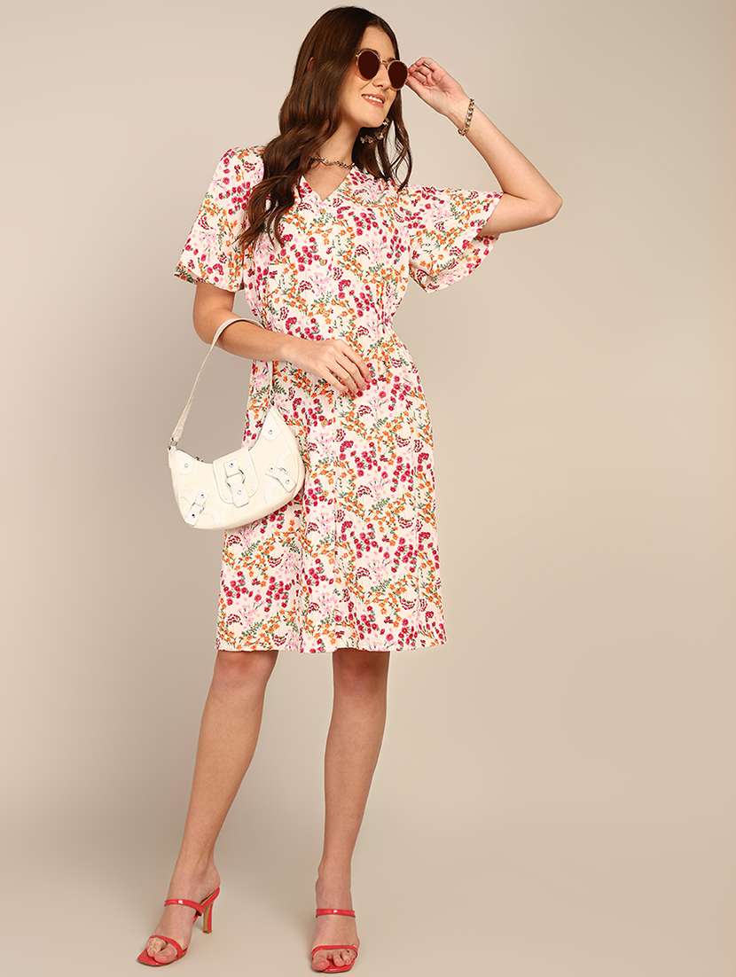 women v-neck printed a-line dress