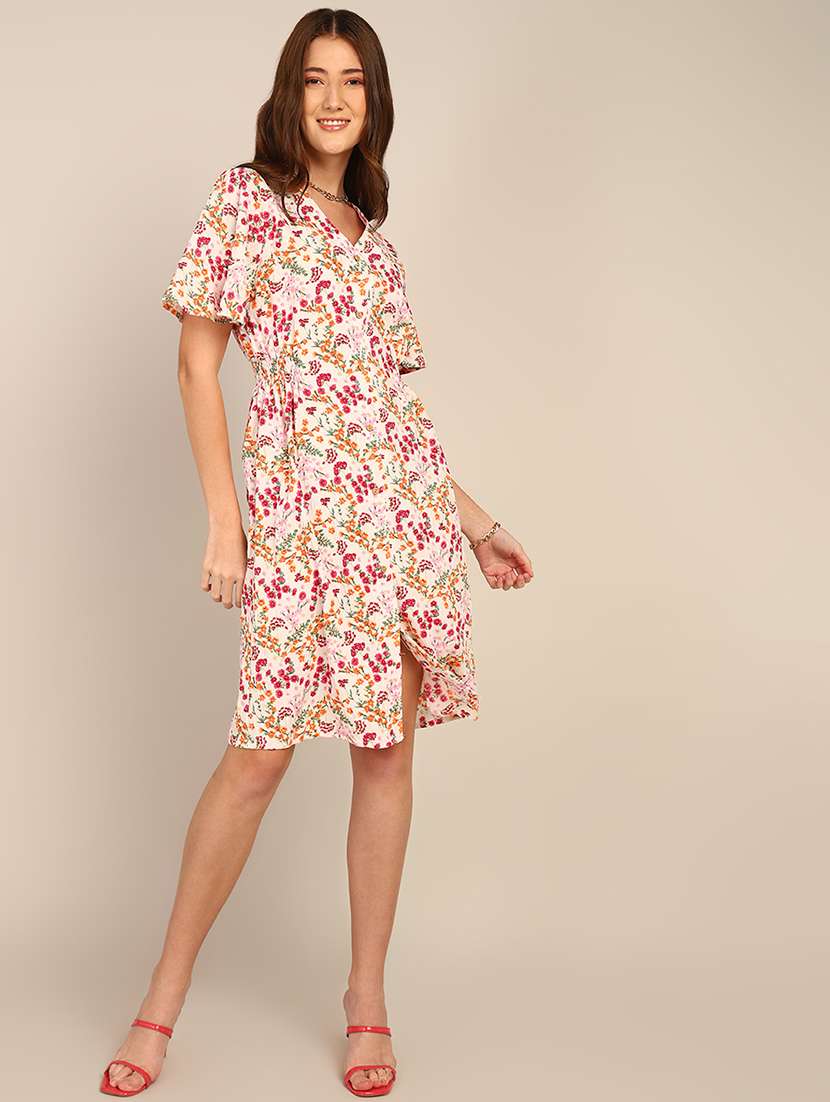 women v-neck printed a-line dress - 21730347 -  Standard Image - 1