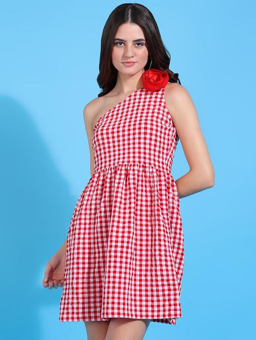women single shoulder checkered a-line dress - 21730363 -  Standard Image - 0