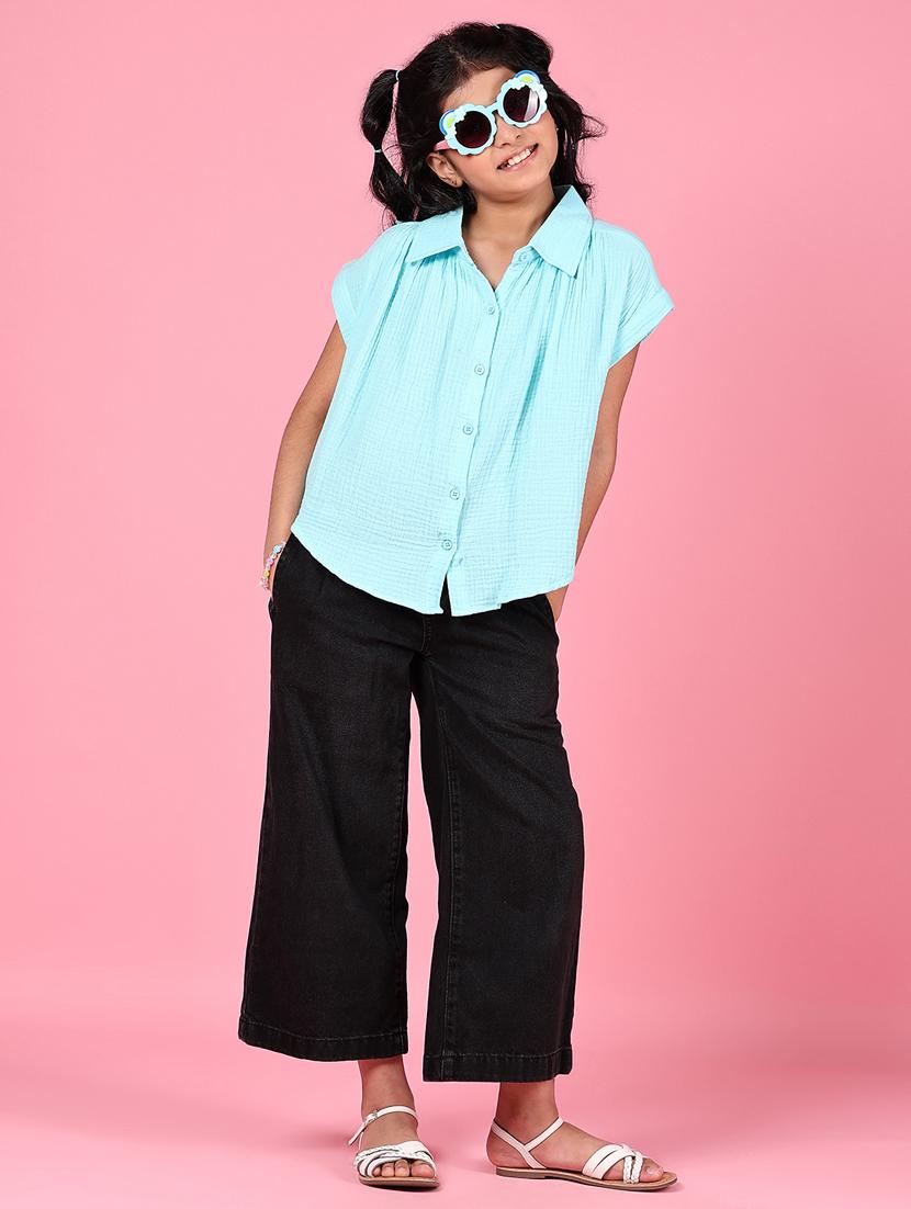 girls solid collared short sleeves shirt - 21730395 - Standard Image - 4