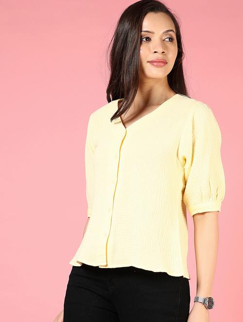 women yellow solid puff sleeve regular top - 21730396 - Standard Image - 0