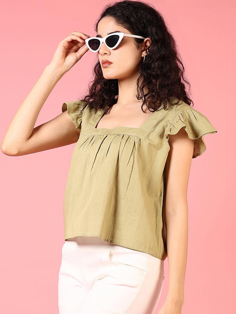 women olive solid square neck top - 21730428 - Standard Image - 1