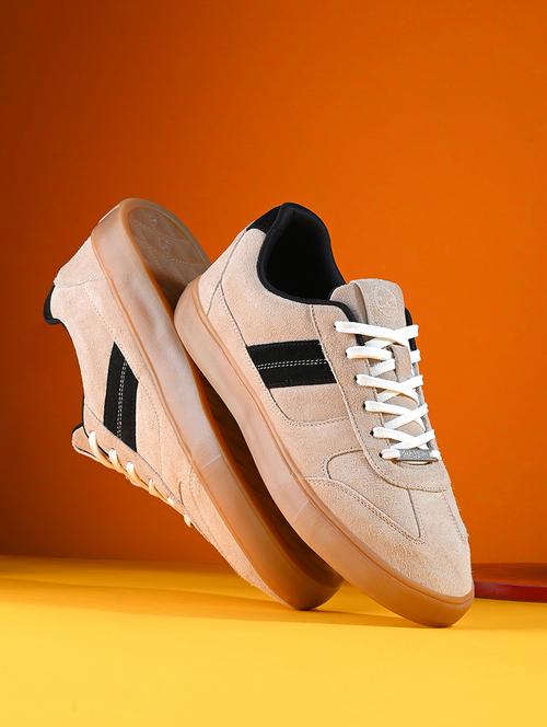 men solid beige lace up sneaker - 21730704 -  Standard Image - 0