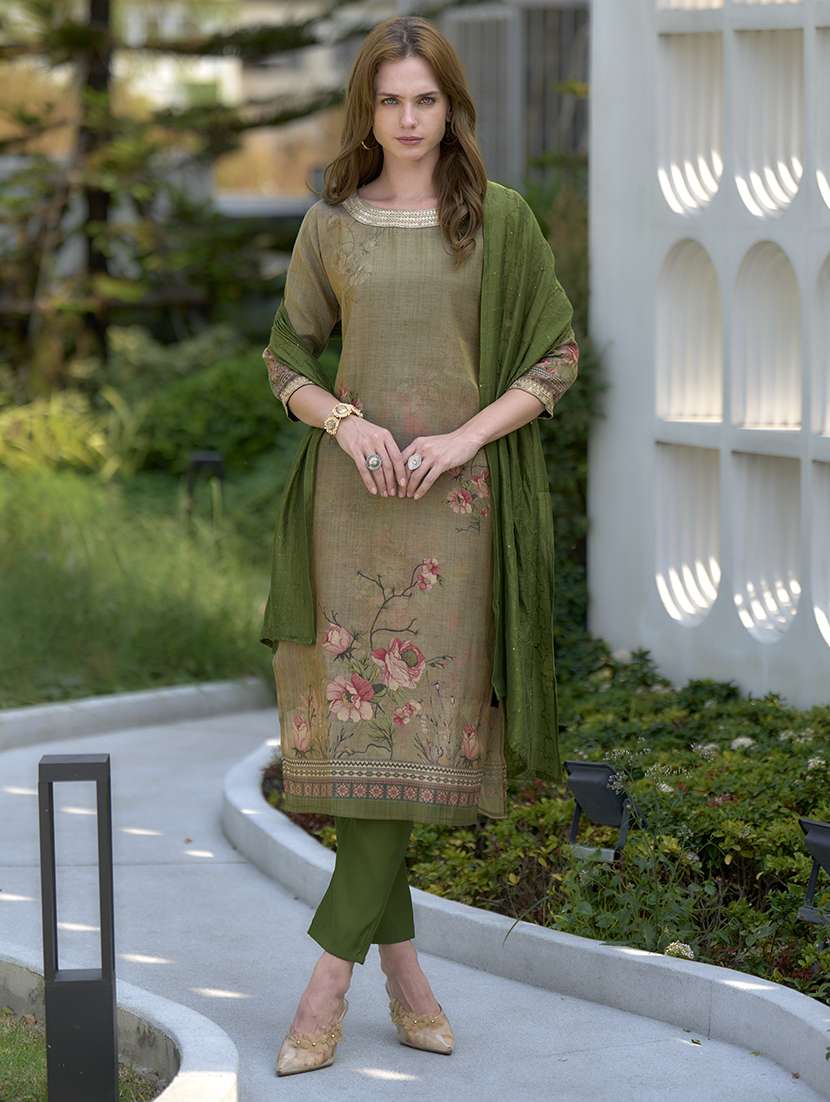 women three quarter sleeve kurta pant with dupatta set 