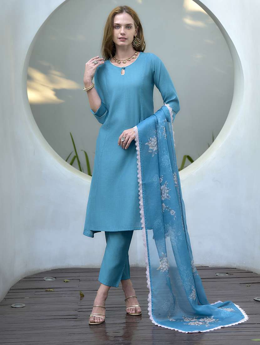 women solid kurta pant set with dupatta