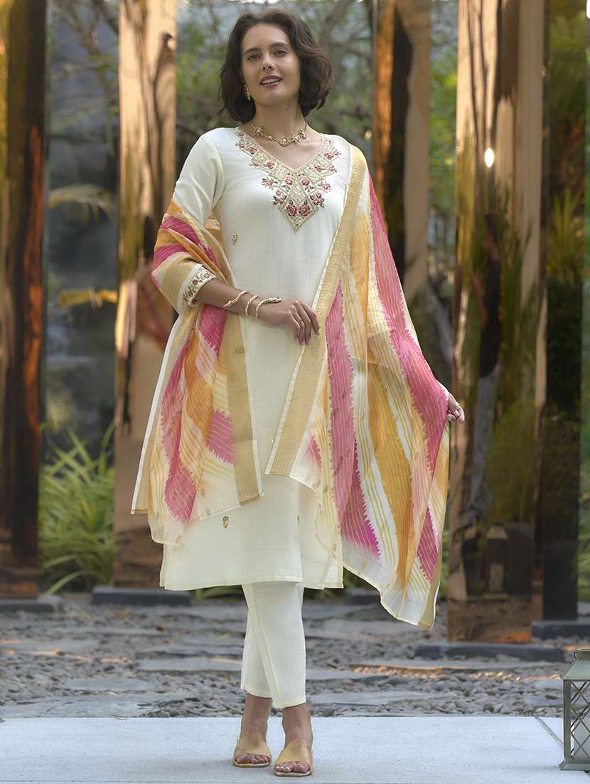 women three quarter sleeve kurta pant with dupatta set 