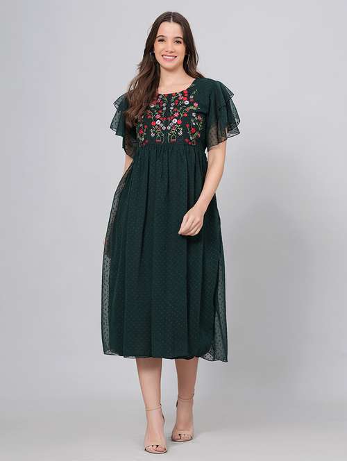 women embroidered ruflfled sleeves fit & flare dress - 21730870 -  Standard Image - 0