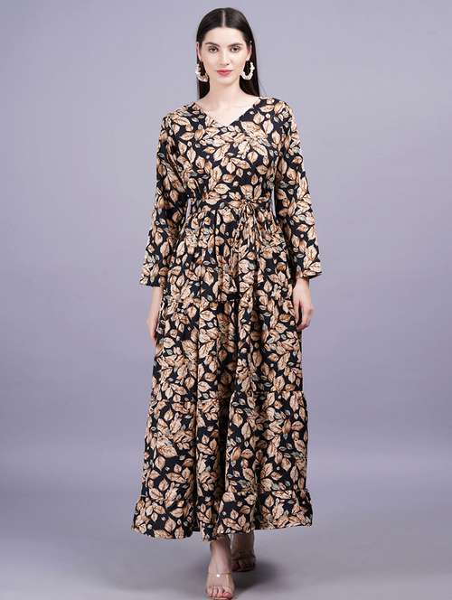 women printed puff sleeves fit & flare dress - 21730879 - Standard Image - 0