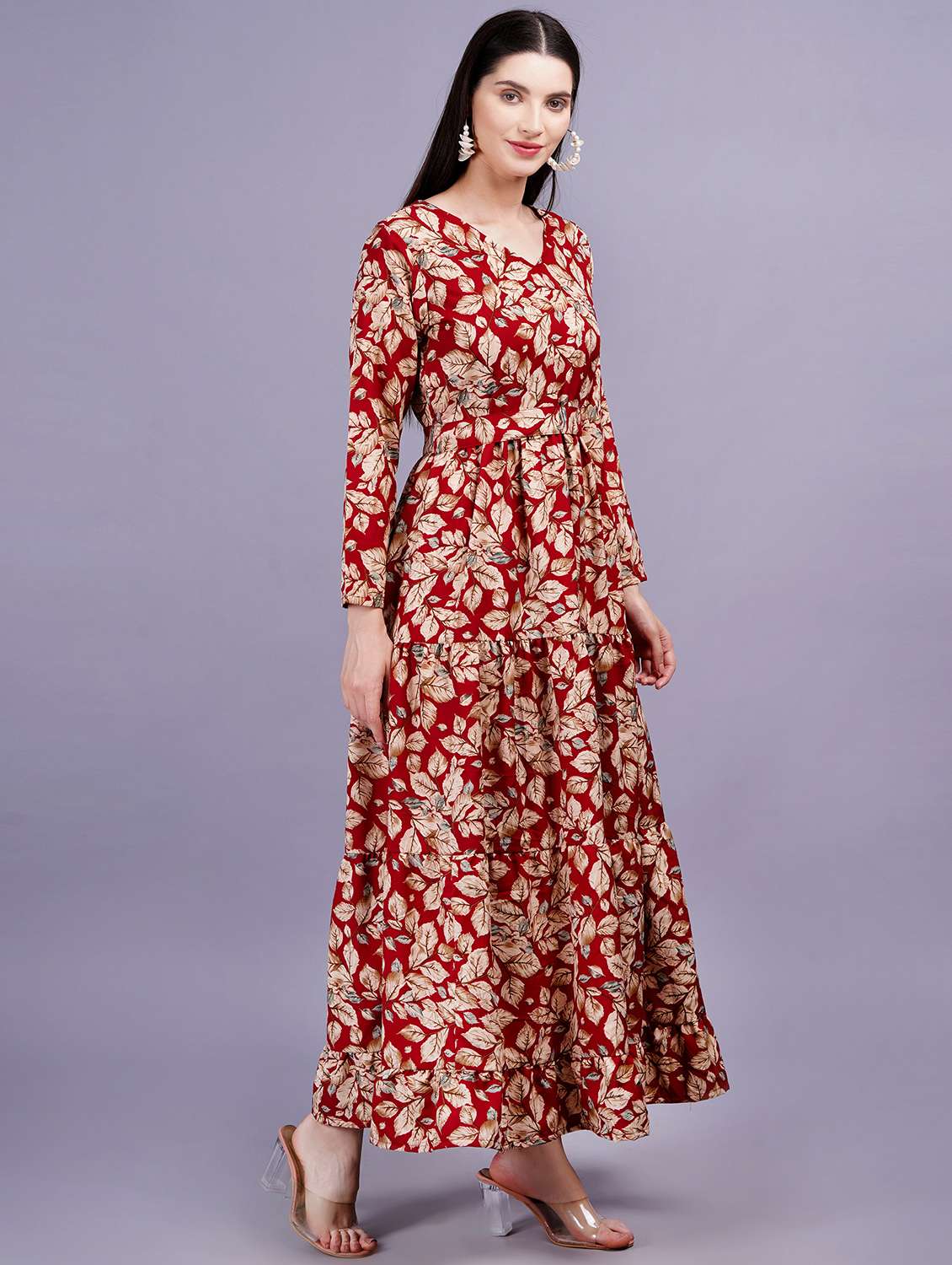 women printed puff sleeves fit & flare dress - 21730882 - Standard Image - 1