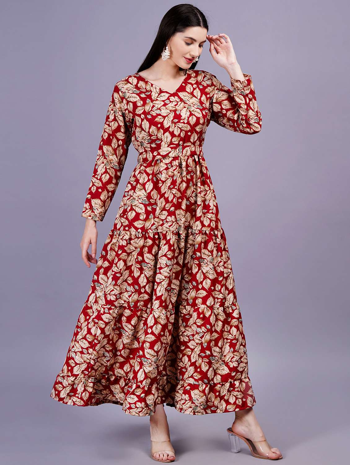 women printed puff sleeves fit & flare dress - 21730882 - Standard Image - 4