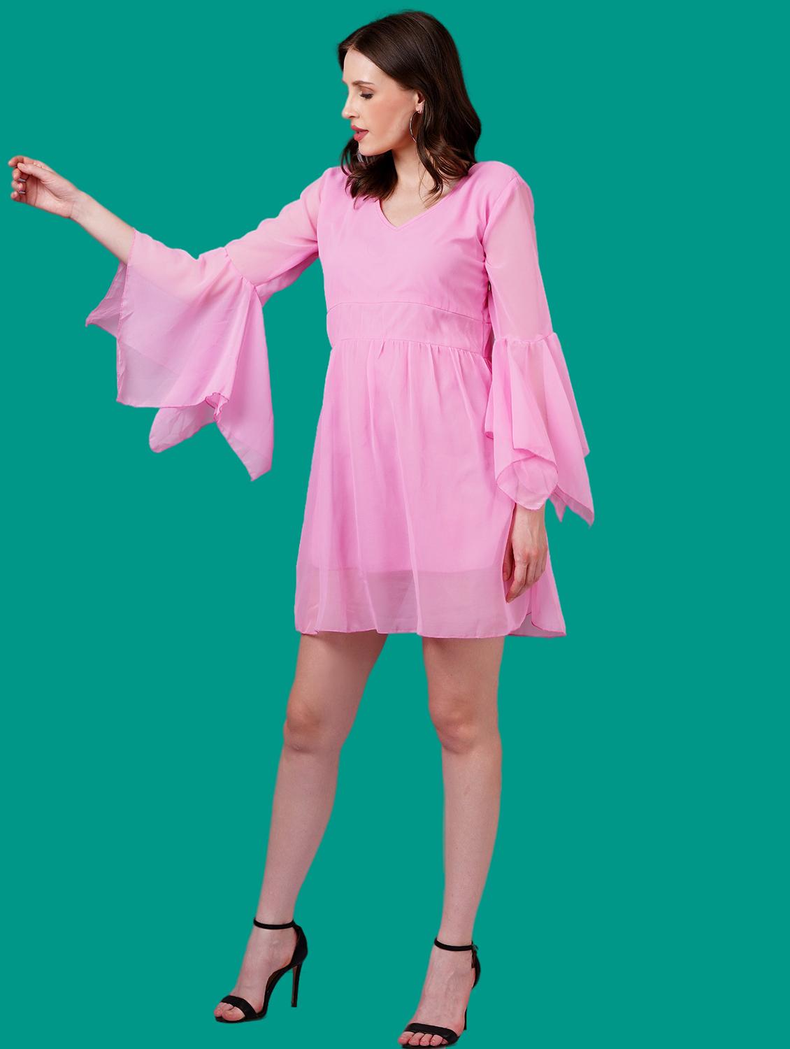 women solid flute sleeves a-line dress - 21730896 - Standard Image - 4