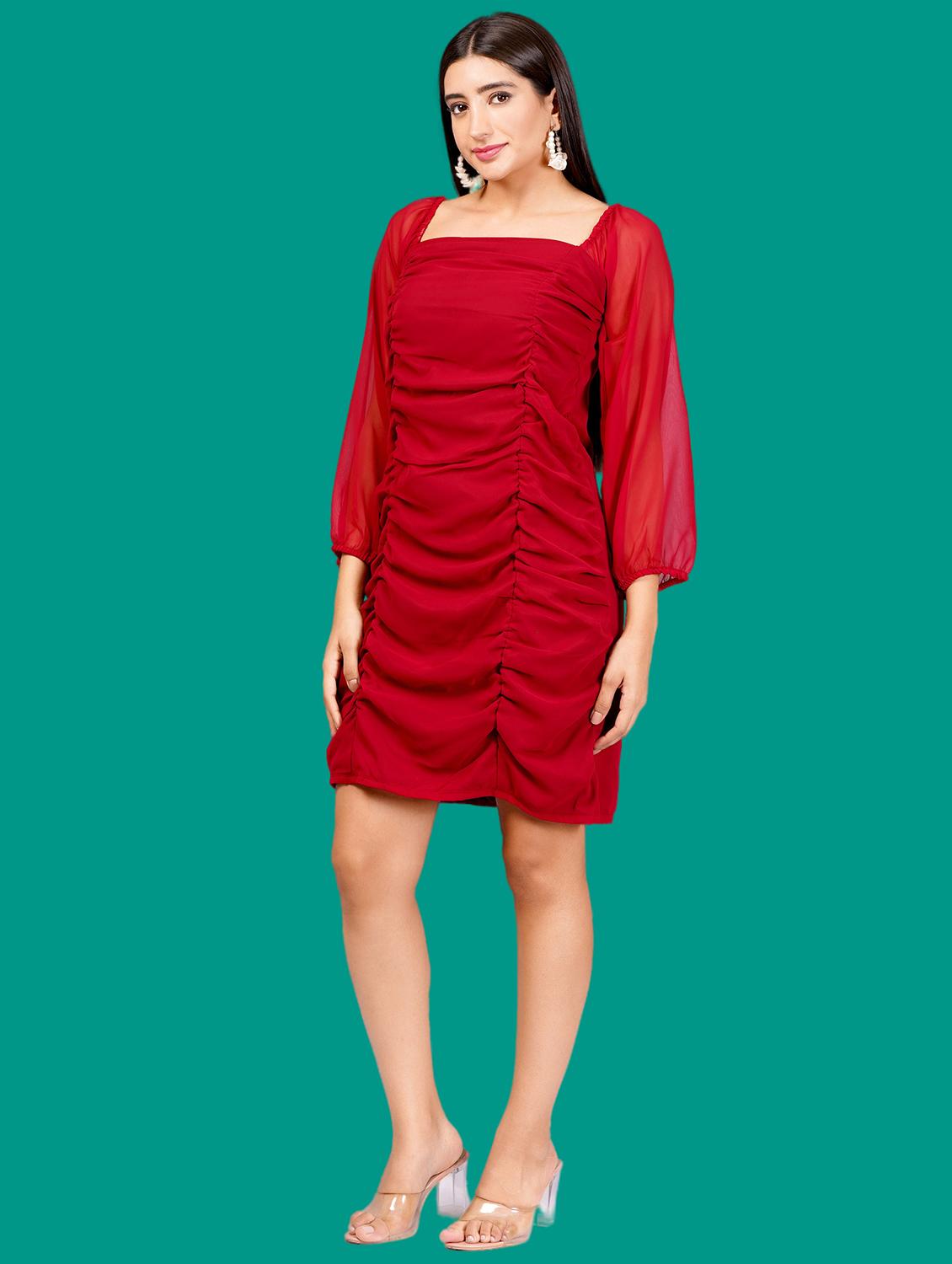 women solid puff sleeves ruched bodycon dress - 21730900 -  Standard Image - 1