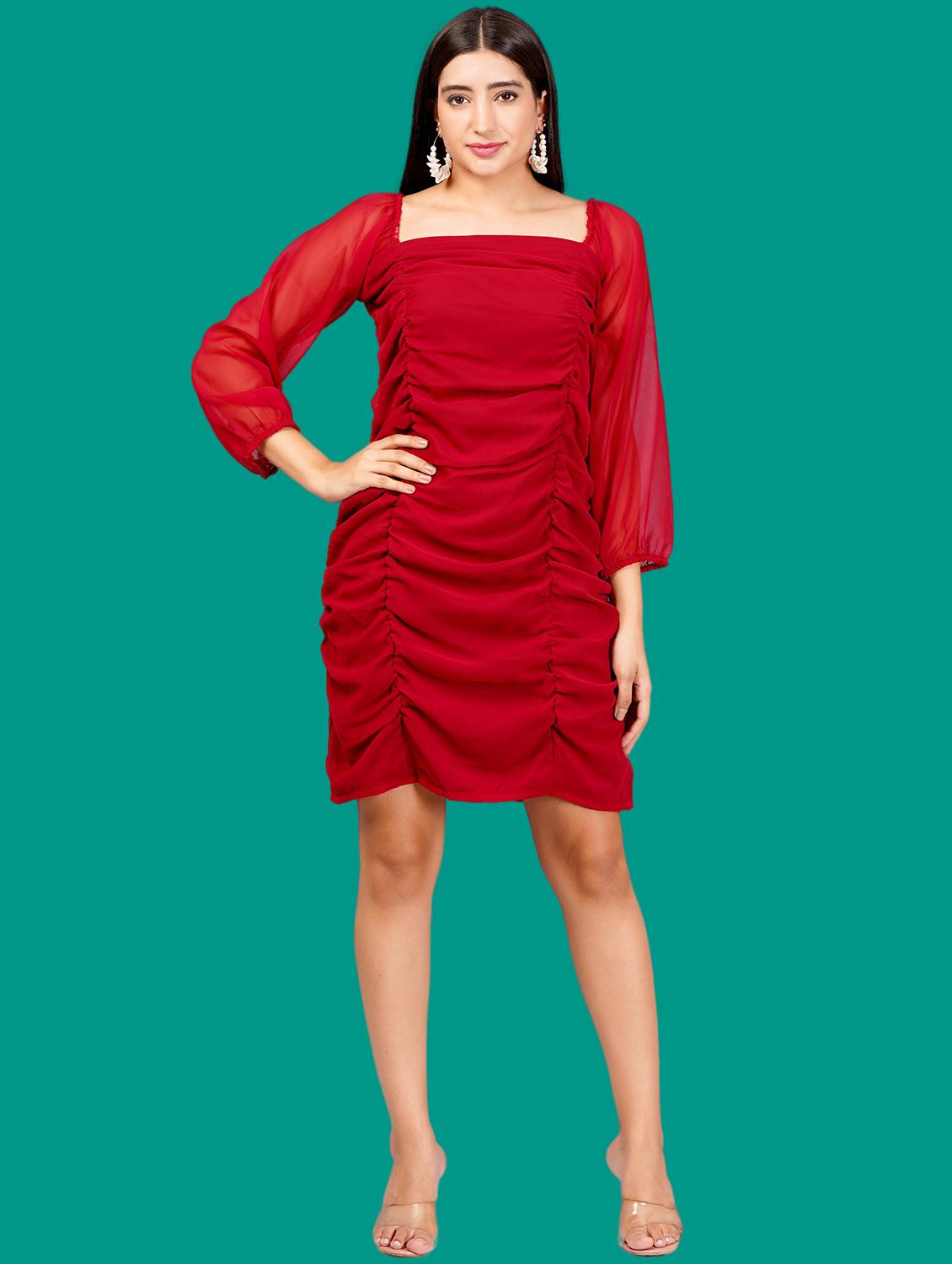 women solid puff sleeves ruched bodycon dress - 21730900 - Standard Image - 4