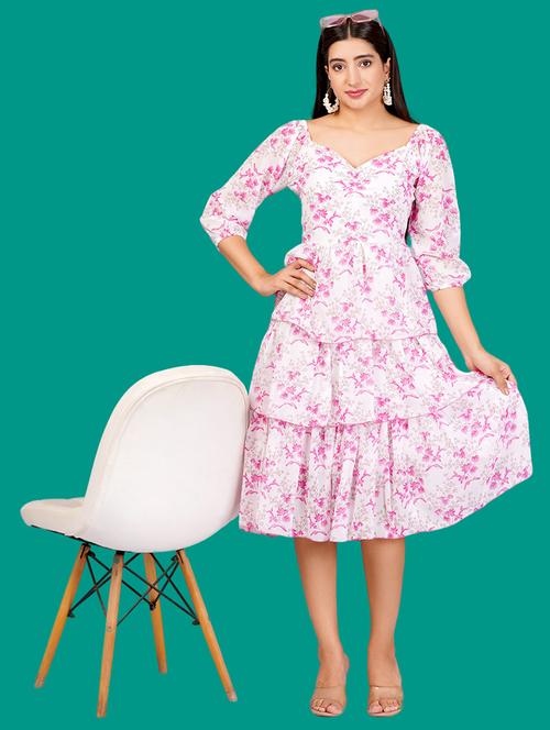 women printed puff sleeves layered dress - 21730906 - Standard Image - 0