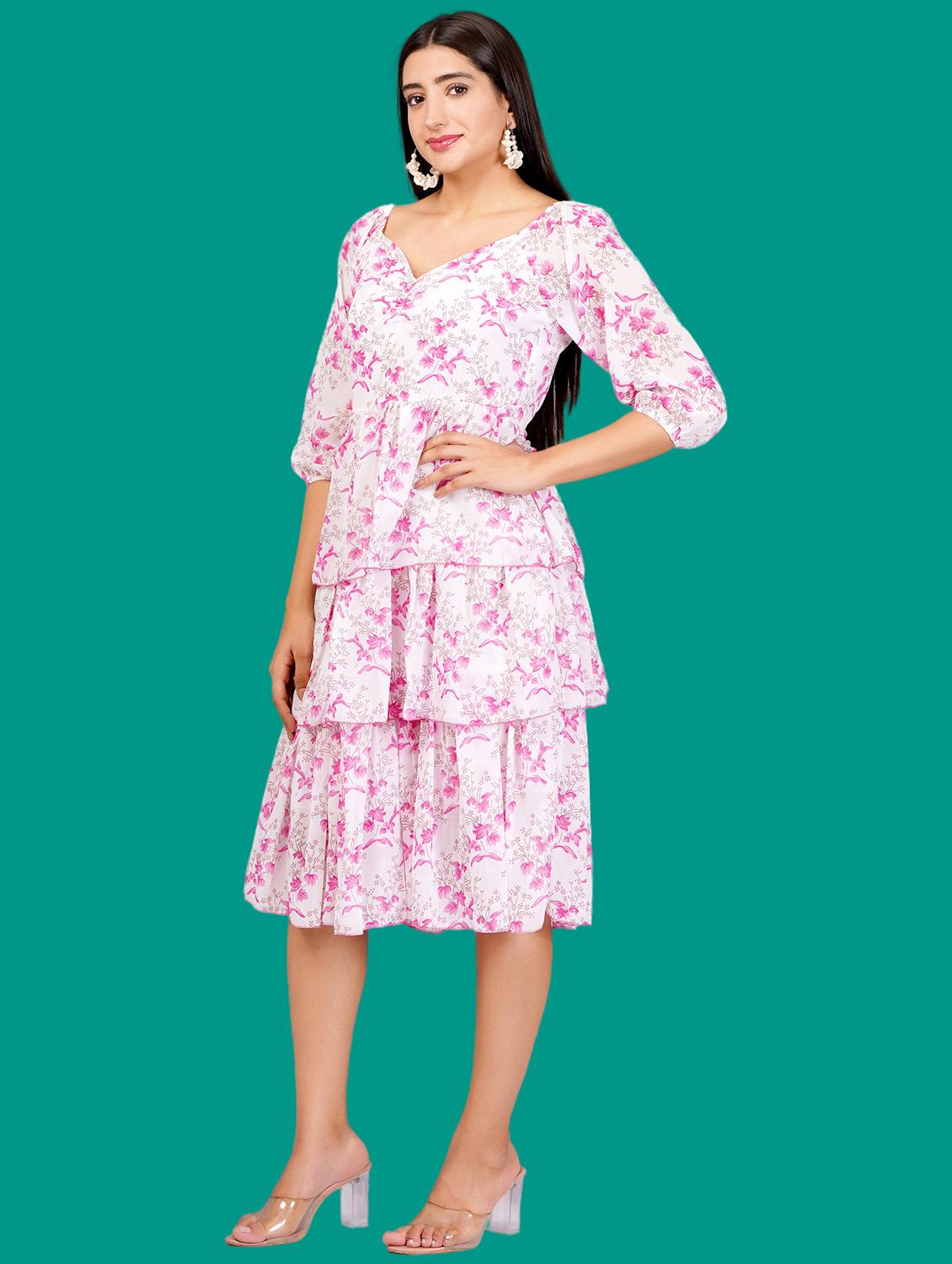 women printed puff sleeves layered dress - 21730906 -  Standard Image - 1
