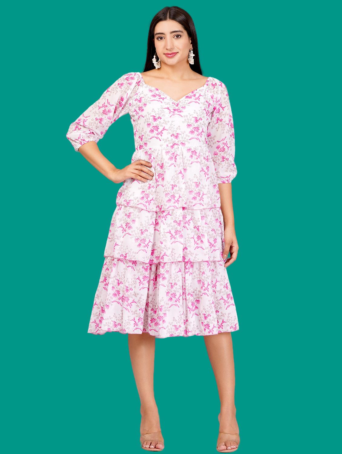 women printed puff sleeves layered dress - 21730906 - Standard Image - 4