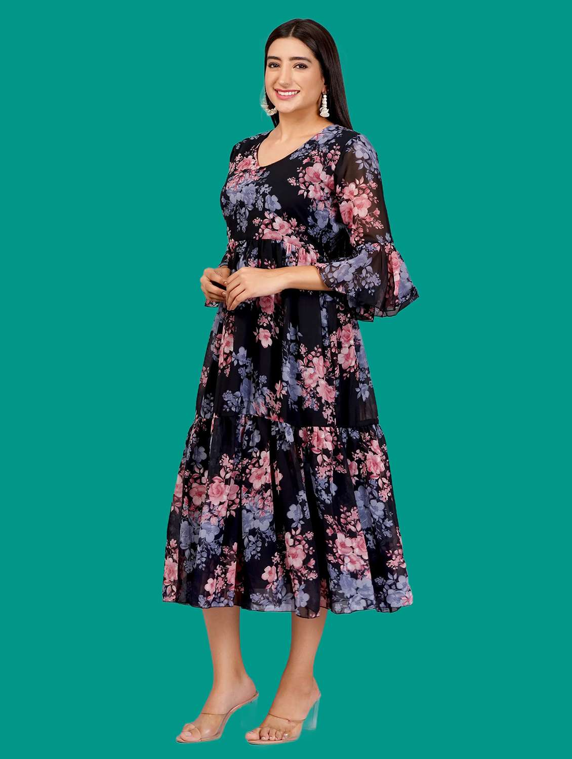 women printed bell sleeves tiered dress - 21730909 -  Standard Image - 1