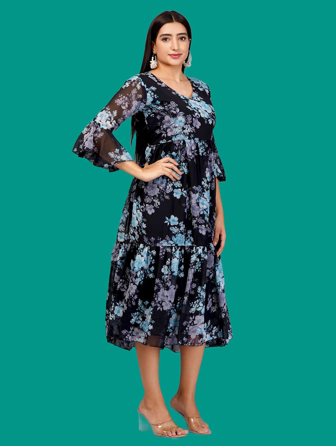women printed bell sleeves tiered dress - 21730911 -  Standard Image - 1