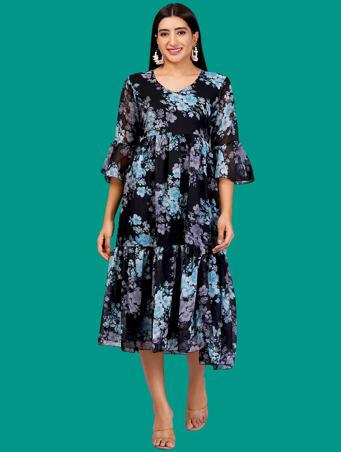 women printed bell sleeves tiered dress - 21730911 -  Standard Image - 4