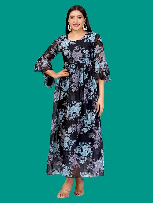 women printed flute sleeves fit & flare dress - 21730914 -  Standard Image - 0