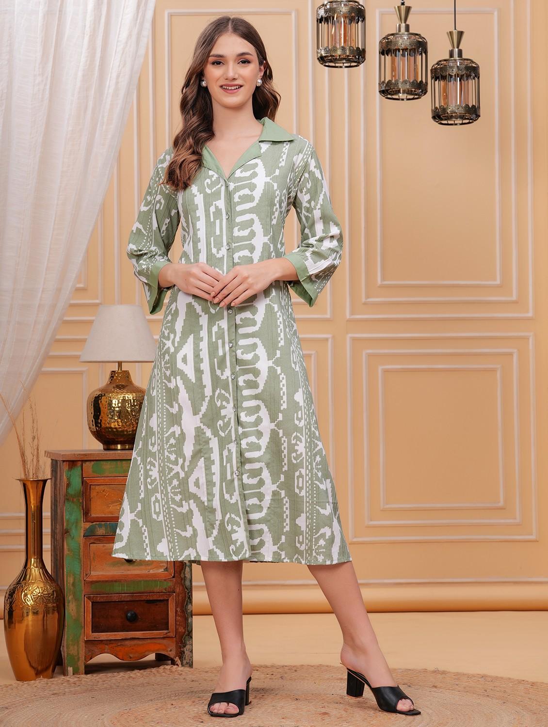 women printed lapel collar a-line dress - 21730975 -  Zoom Image - 0