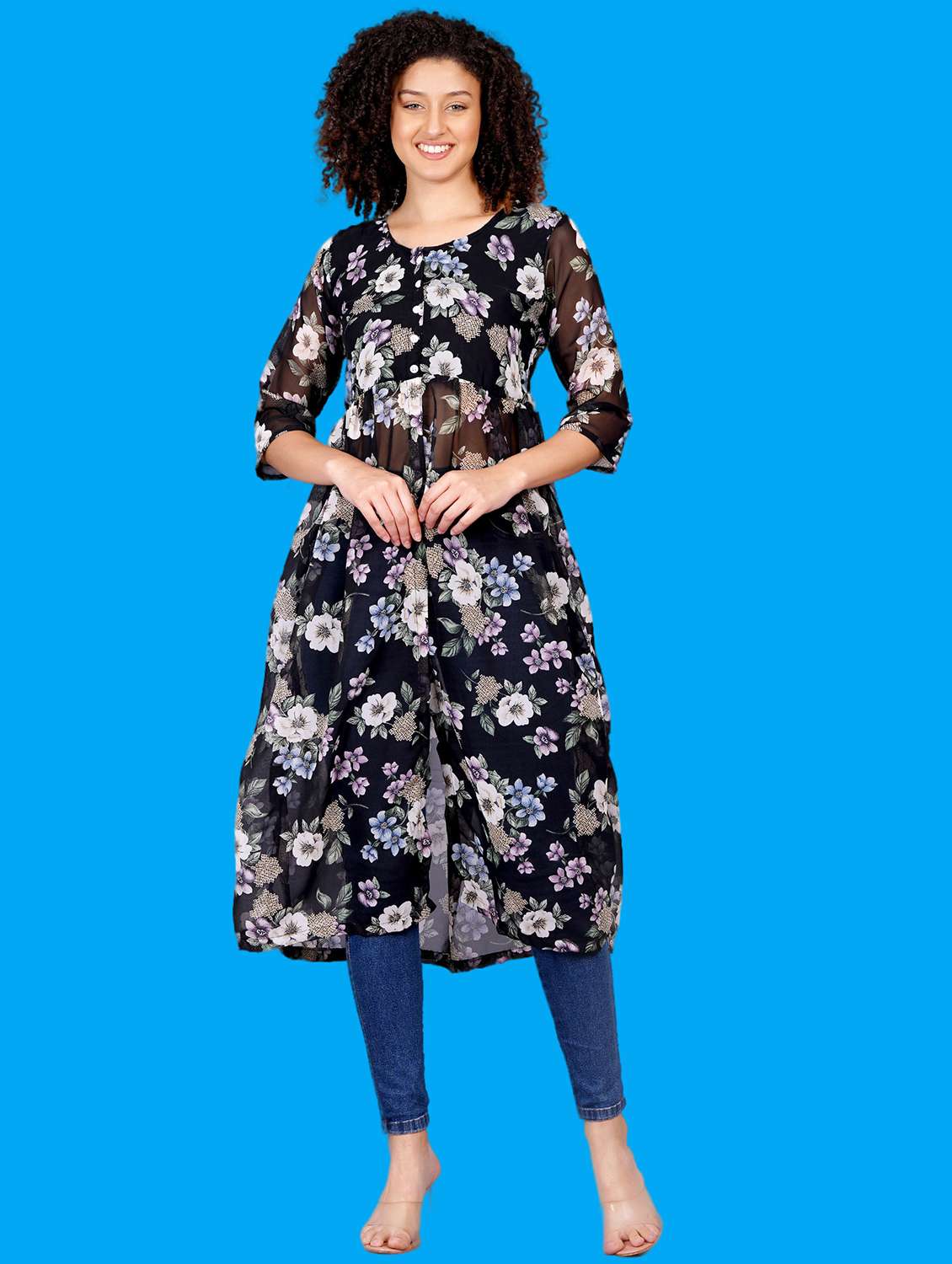 women floral printed round neck front slit kurta - 21731005 - Standard Image - 6