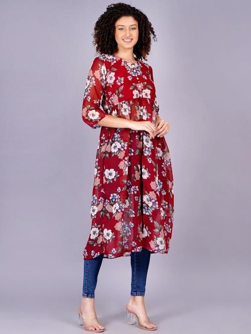 women floral printed round neck front slit kurta - 21731007 -  Standard Image - 0