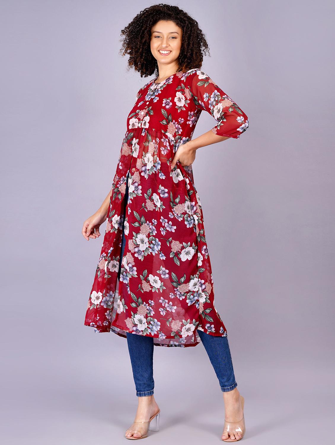 women floral printed round neck front slit kurta - 21731007 -  Standard Image - 1