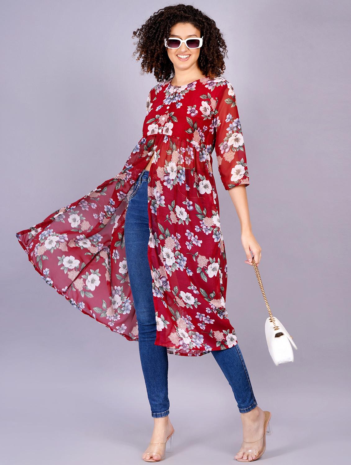 women floral printed round neck front slit kurta - 21731007 - Standard Image - 4