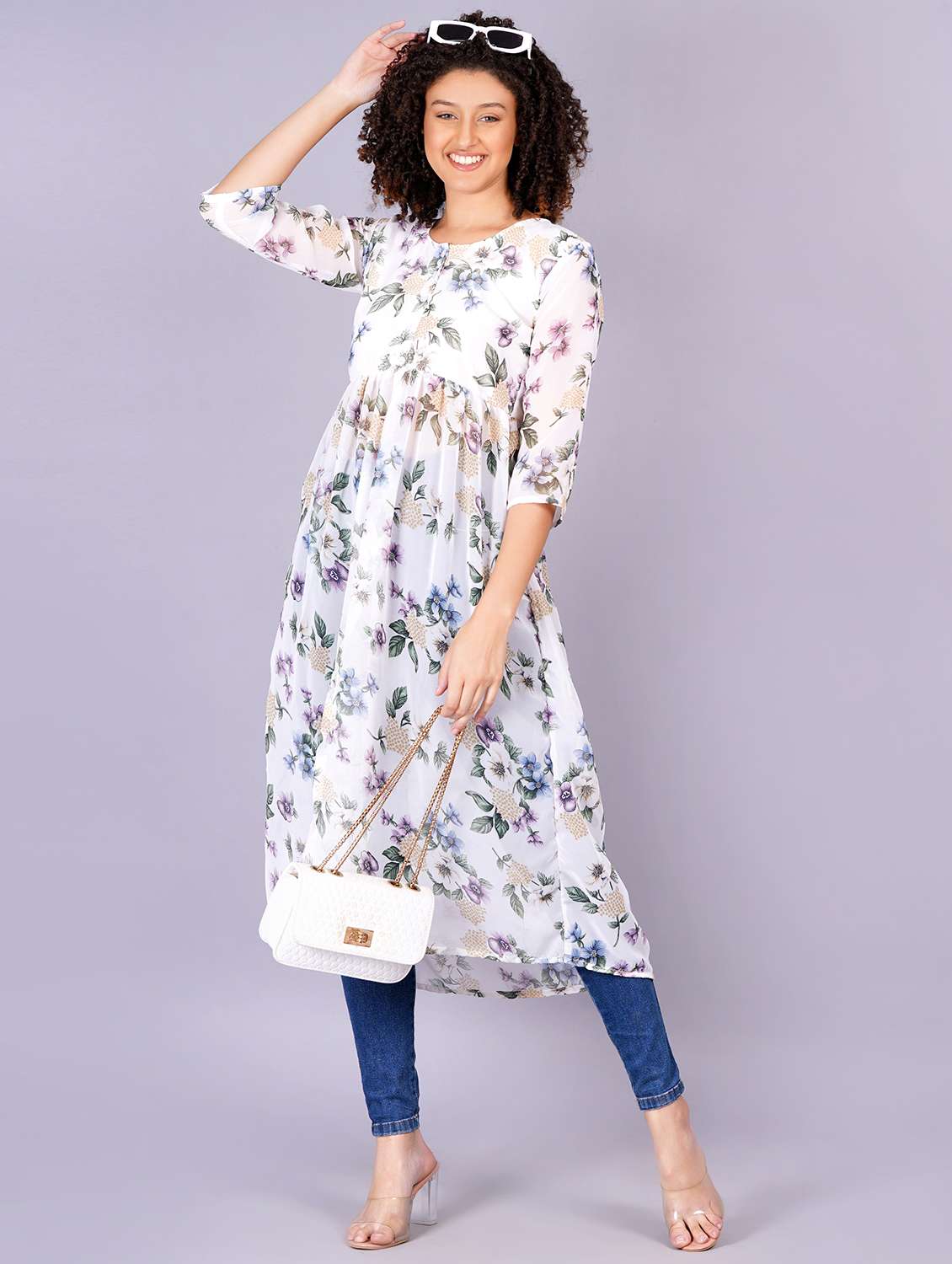 women floral printed round neck front slit kurta - 21731008 - Zoom Image - 0