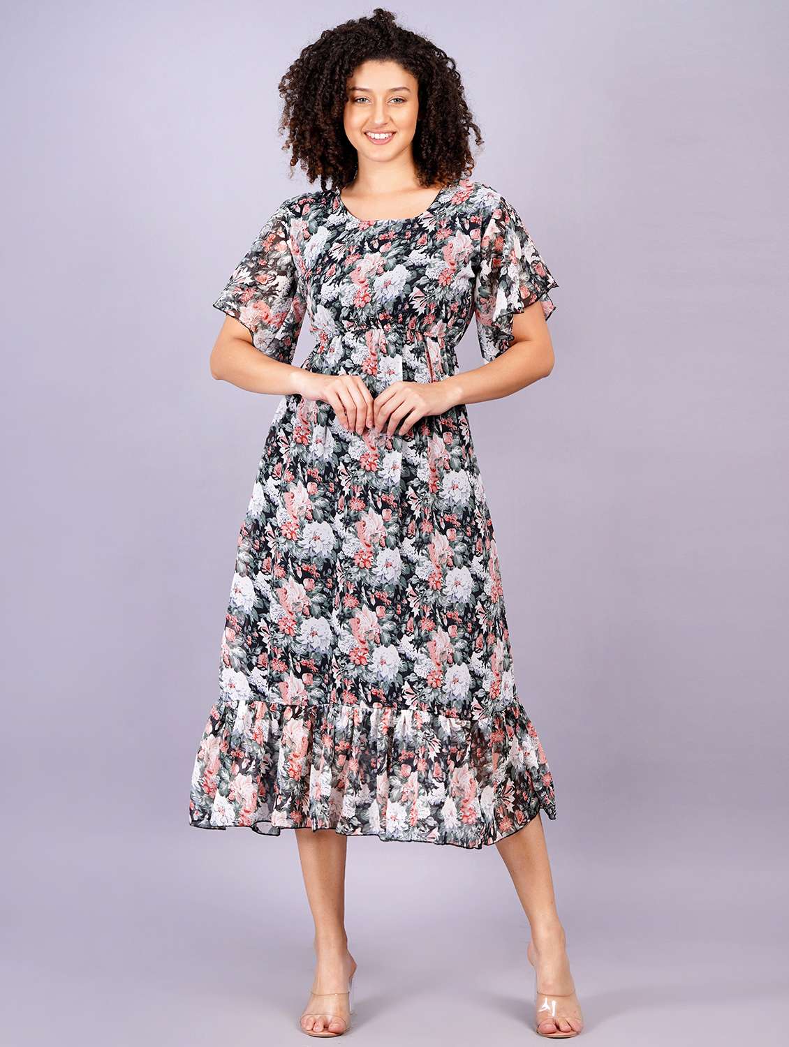 women floral print round neck tiered dress - 21731014 - Standard Image - 1