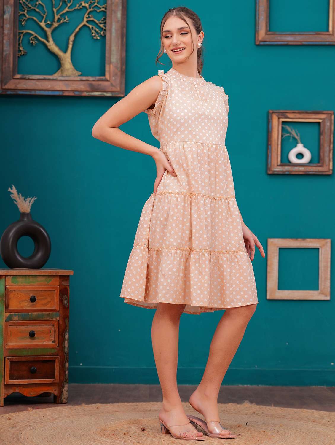 women polka doted sleeves tiered dress - 21731088 - Standard Image - 1