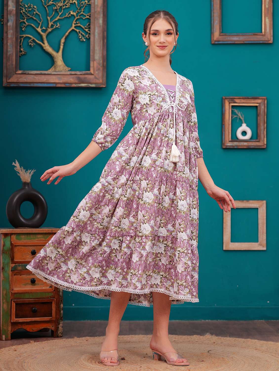 women lavender floral printed tiered ethnic dress - 21731095 -  Standard Image - 1